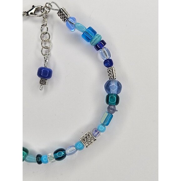 Blue Assorted Glass Beaded Silver Wire Charm Bracelet Arm Cuff - Picture 3 of 10